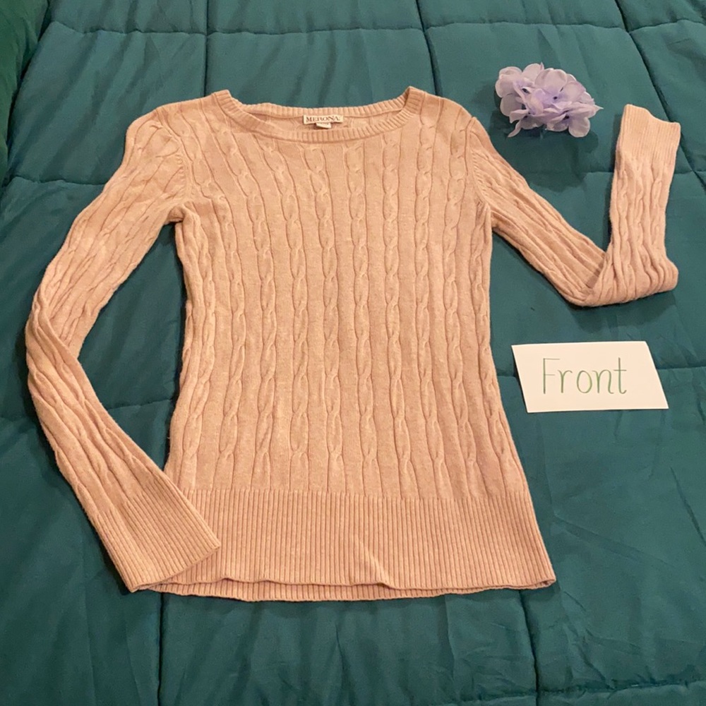Pale pink fitted cable knit sweater